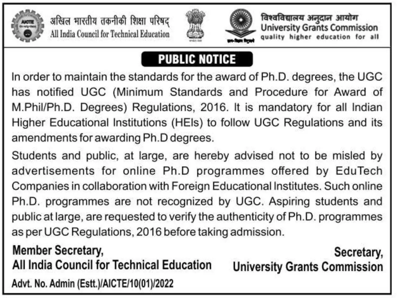 UGC warns students about online Ph.D. programmes offered by Edu-Tech firms