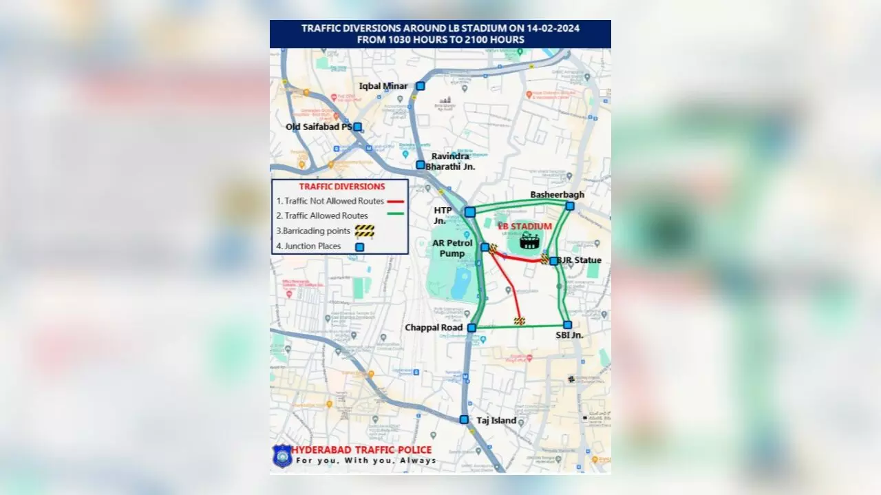 Hyderabad traffic diversions for TSLPRB event at LB Stadium on February 14